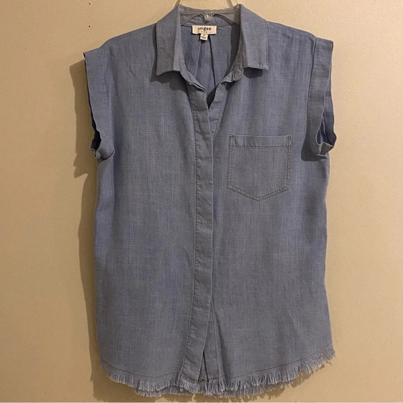 UMGEE DENIM Lightweight Wash Denim Shirt Cap Sleeves~Frayed Edges~Size S - Picture 1 of 11